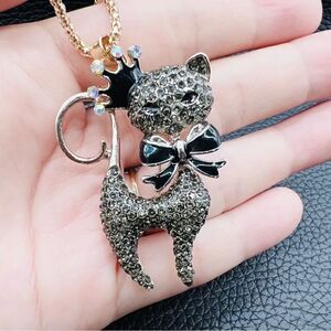 Black Crystal Crown Cat Kitten Pendant Chain Necklace/Brooch Pin NWOT